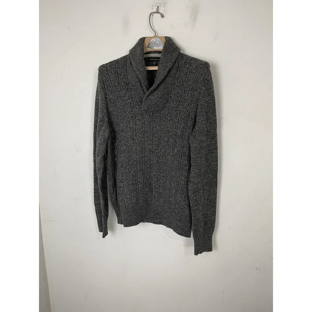 Banana Republic Mens‎ Sweater Medium Gray Lambswool Blend Shawl Collar Fisherman